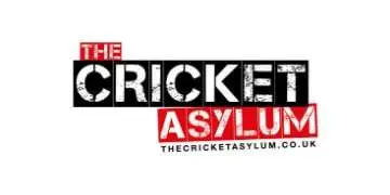 Cricket Coaching Mat logo—THE CRICKET ASYLUM in bold, distressed text on black/red, THECRICKETASYLUM.CO.UK below; ideal for practice kit.