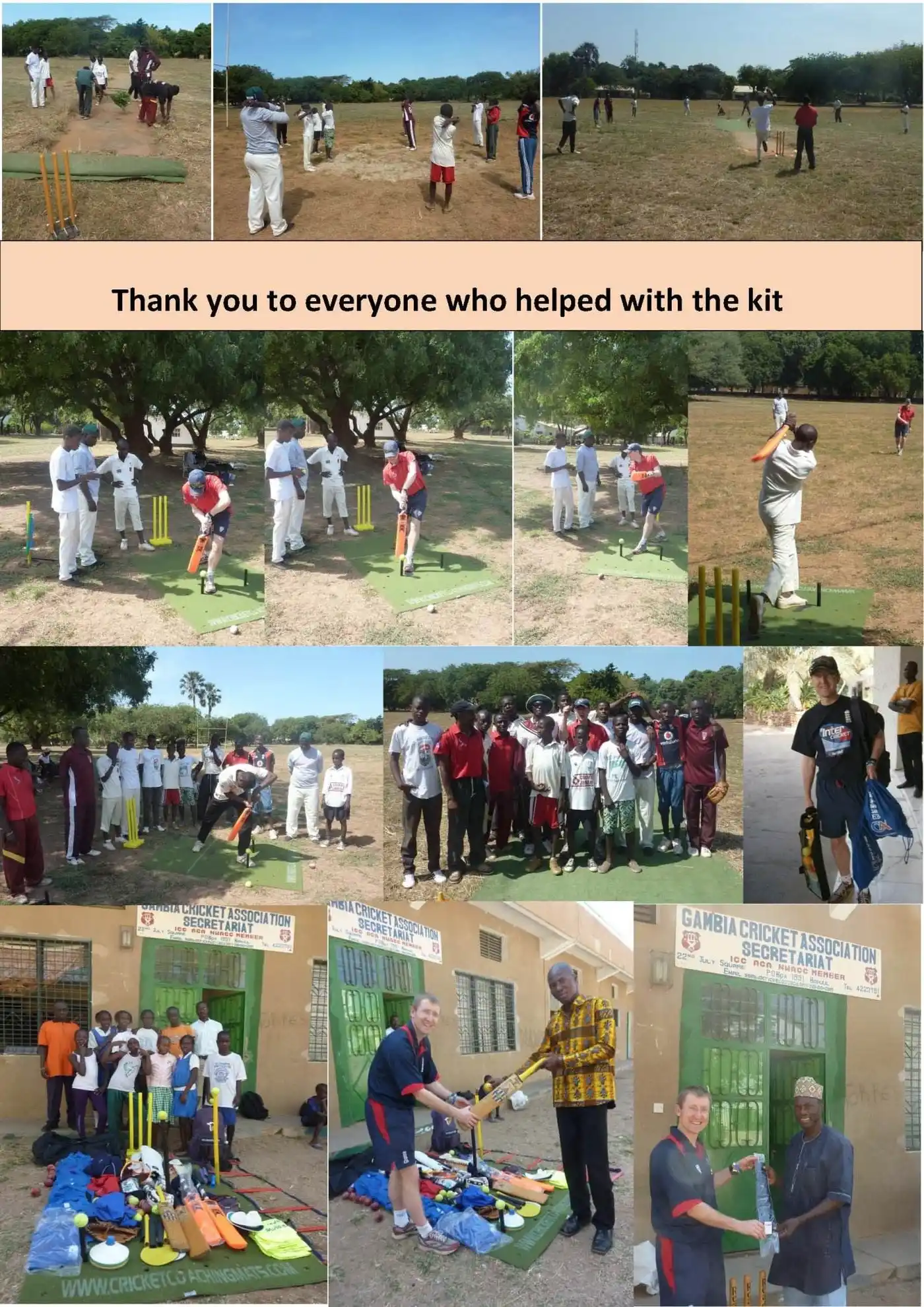 Collage of players using Cricket Coaching Mats, training with new gear in The Gambia; highlights quality cricket practice equipment.